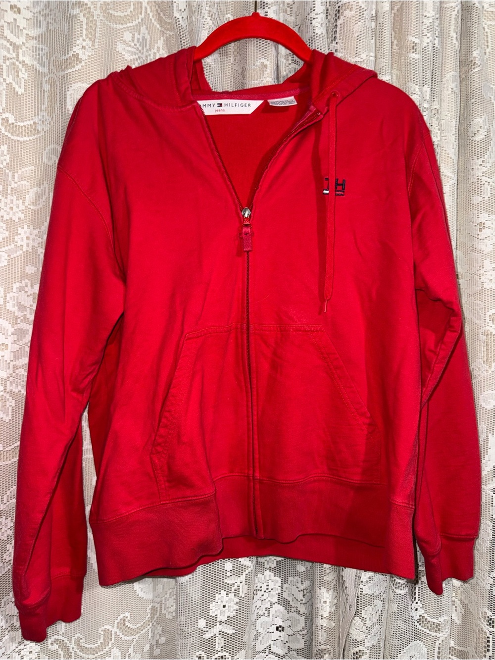 Tommy Hilfiger Red Zip-Up Vintage Hoodie